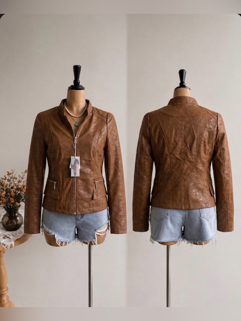 Ladies Classic Tan Faux Leather Moto Jacket